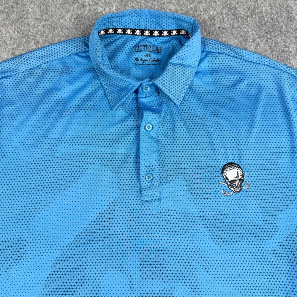 Tattoo Golf Polo Shirt Mens XL Blue Rogue Collection Skull Performance Geometric